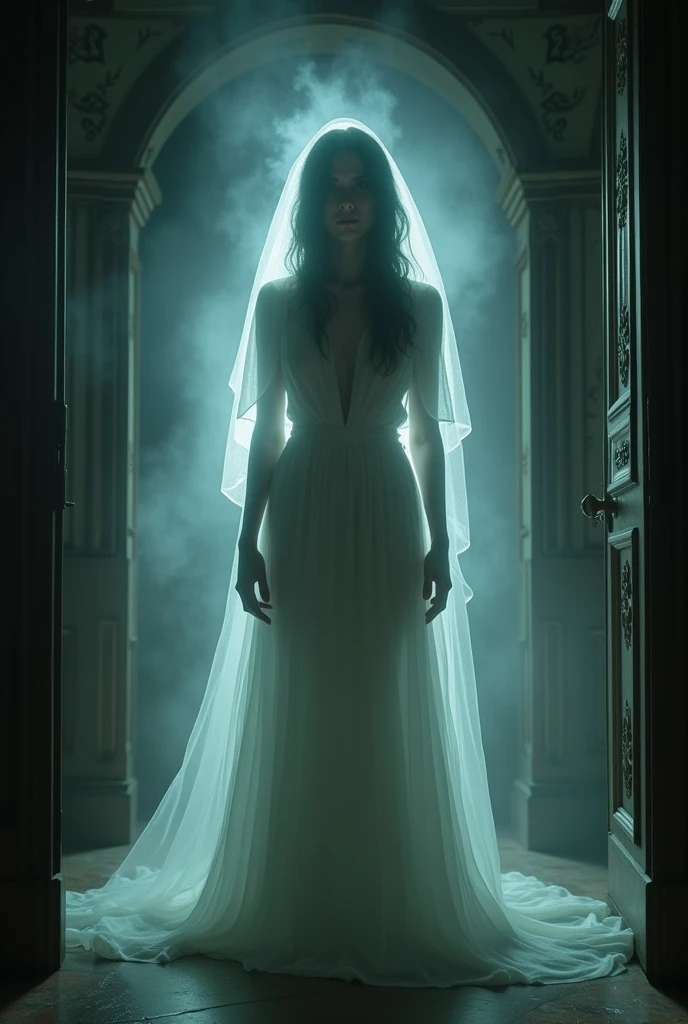 Depict the moment when Snehha sees a spectral woman in a white sari with a darkened face standing in front of her, staring with haunting eyes.