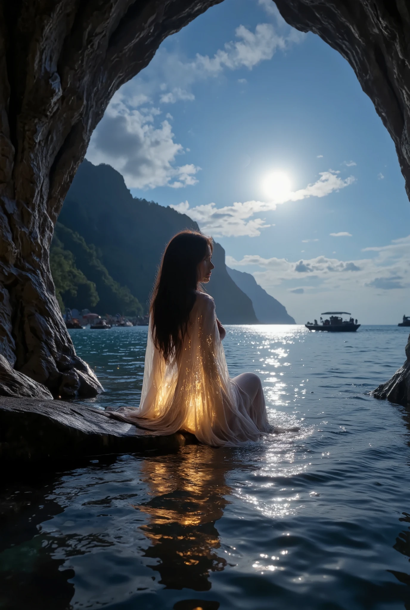 Paradise by night, full illuminating moon, reflection, breathtaking beauty of Raja Ampat by sunrise , one Beautiful woman from behind wearing a long glowing dress sitting on a stone in water looking towards the beach, glowing, masterpiece, best quality, double exposure, realistic, whimsical, fantastic, splash art, intricate detailed, hyperdetailed, maximalist style, photorealistic, concept art, sharp focus, harmony, serenity, tranquility, mysterious glow, soft colors, ambient occlusion, halation, cozy ambient lighting, dynamic lighting,masterpiece, liiv1, linquivera, metix, mentixis, masterpiece, award winning,