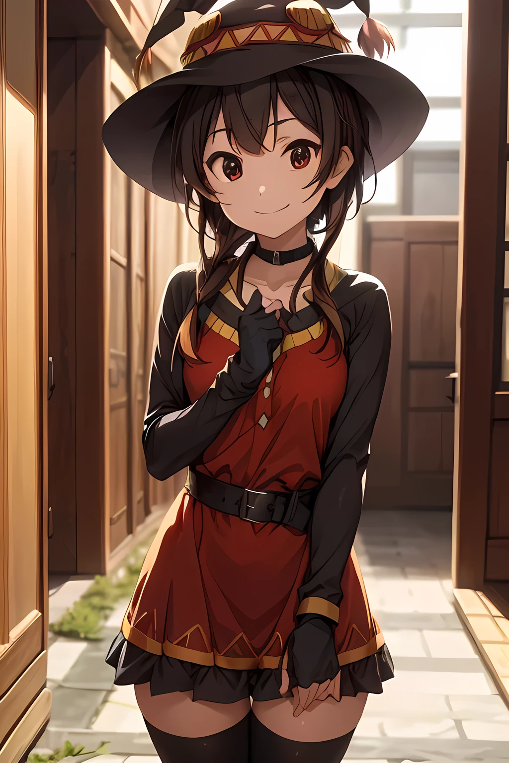  super slim fit all over the waist、Megumin、< Laura :Megumin1Ve :0.8, from the side 1 girl , red eyes, short hair , brown hair, choker , clavicle ,Eye patch, short hair  with long locks, side lock,Good move, small breasts,smile, slouching ,  Witch Hat , black cloak, black knee-highs, bandana, Red Dress , black gloves, thigh high socks,belt,Orange Boots,   asymmetric legwear  , bandanaの脚,  long sleeve  ,Fingerless gloves, lower back, cowboy shooting,Low Perspective,(Masterpiece:1,2), 最 High Quality , Masterpiece,  high definition,  original ,  very detailed wallpaper ,  perfect lighting,( extremely detailed CG:1.2), (Megumin), UHD, retina, masterpiece, correct,  anatomically correct,  Textured Skin,  more details,  high detail,  High Quality , 最 High Quality ,  high definition, 8k