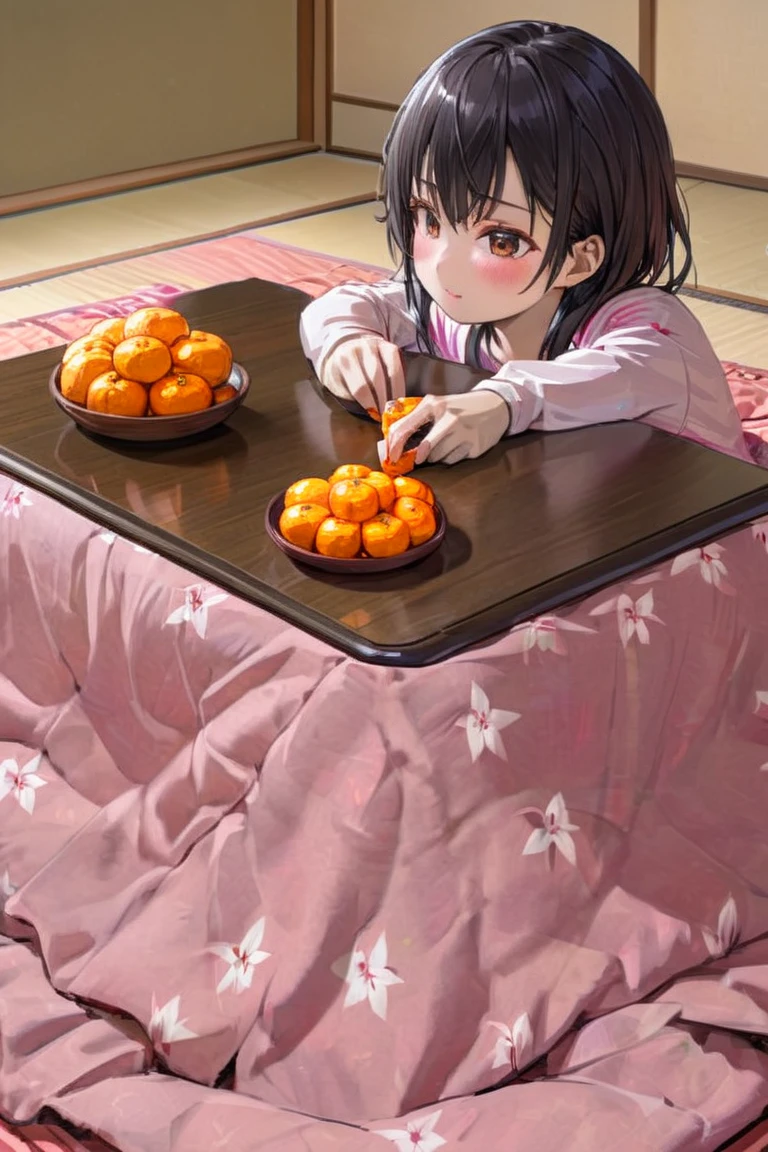 (((highest resolution、 best quality 、masterpiece)))、A extremely beautiful Girl in a kotatsu( black hair、)、There are 5 tangerines on the kotatsu、 girl holds one tangerine in her hand、