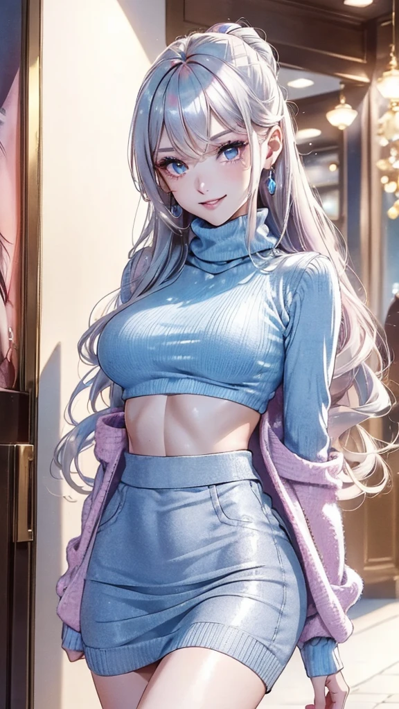 (Masterpiece, Ultra High Definition, Ultra High Quality / 8K Quality), A woman with the most beautiful face and body in history, Anime, Slim body, Tall height, Small face, Very large and full breasts, Thin waist, Big hips, Balanced proportions, Shiny hair, silver hair, long bangs, (((Updo hair:1.2))), Beautiful and shining eyes, (Clear dark grey eyes:1.2), (((Eyes with shining highlights:1.2))), Long eyelashes, Pink lips, ((Precise, beautiful and exquisite hand and five fingers creation)), (((Charming smile))), (Winter casual fashion), (((light blue Turtleneck sweater))), (((Long sleeve short jacket))), (Tight micro mini skirt, front slit skirt), (Elegant appearance), Red rose hair accessory, Elegant design necklace, (Big earrings), (Bangles), (Ring), Beautiful standing posture like a fashion model, (Shopping at the winter mall background)
