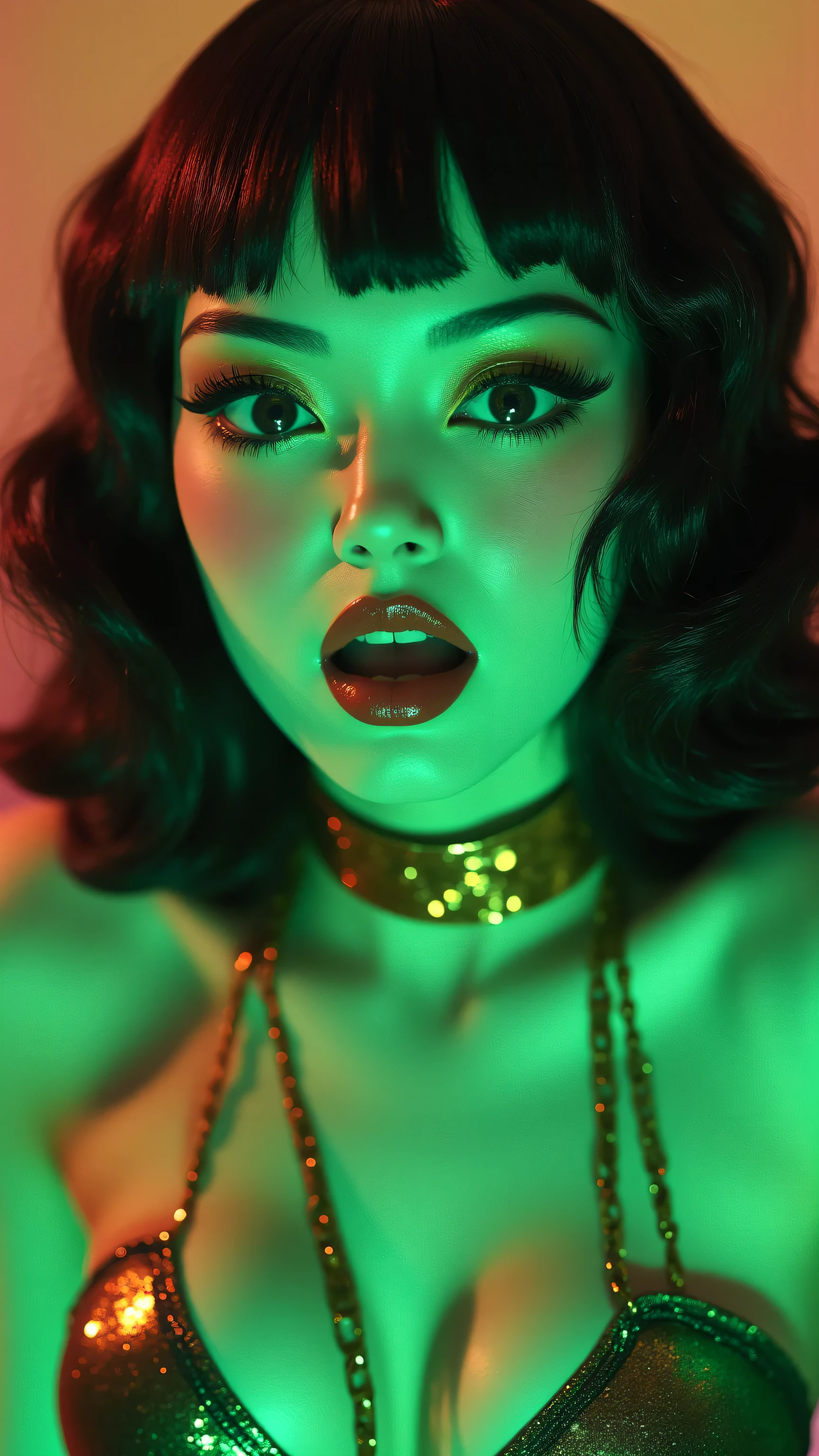 80’s glam rock makeup on shiny face, asian girl, anime, 2.5D, moody lighting, (green, pink, gold), pretty, sexy, minimal, sleek, slender, asian, elegant, futuristic, retro, sophisticated half human half machine, mouth open wide, Kizi,(eyes looking off to side), Highly detailed, Amazing work,Vitreous luster, blues, yellows, Best quality at best,shiny skin, no background, colorful background, green background, pink background, gold, background, plunging neckline, sexy pose, dynamic pose, heavy blushing, huge breasts,