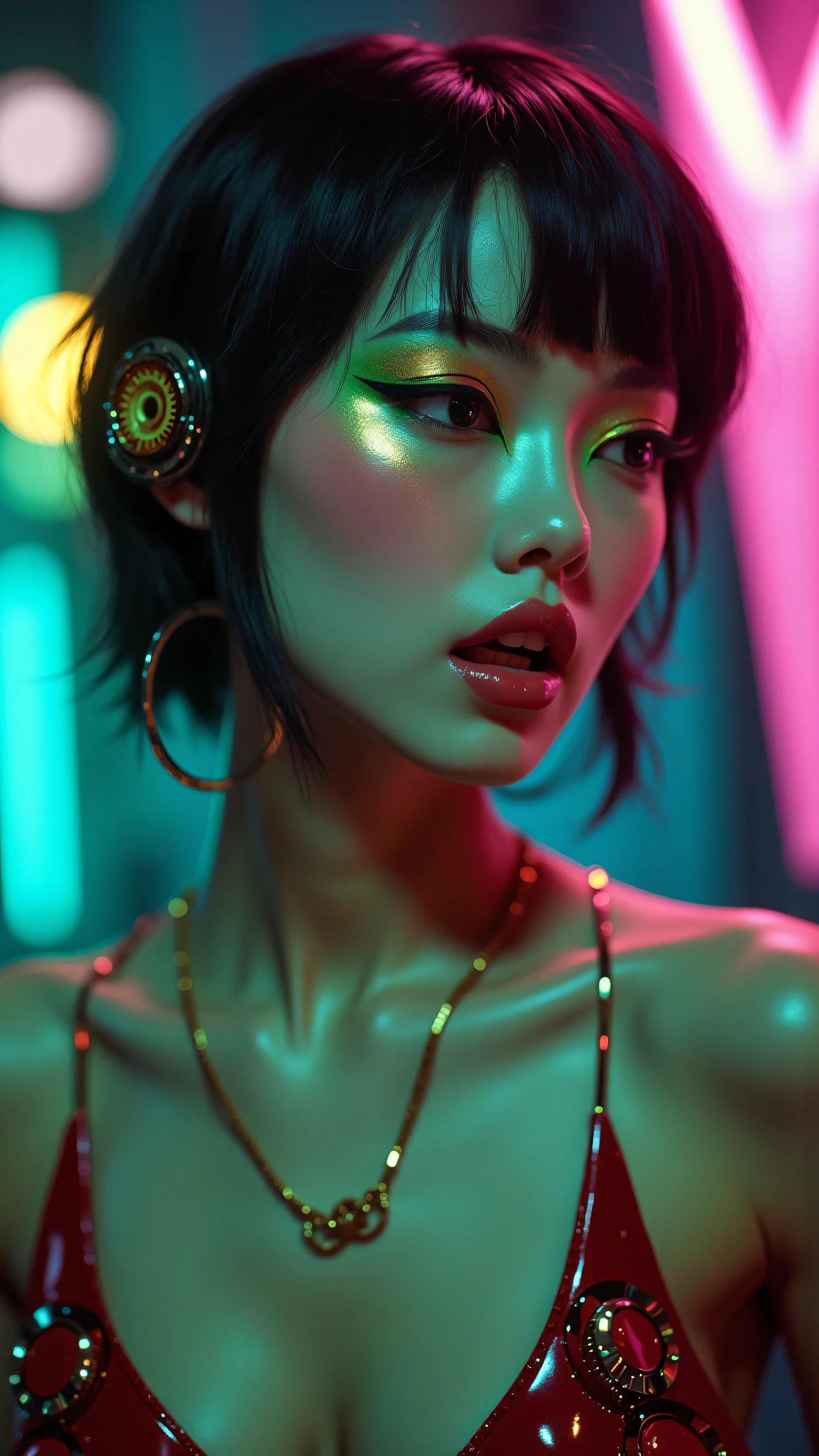 80’s glam rock makeup on shiny face, asian girl, anime, 2.5D, moody lighting, (green, pink, gold), pretty, sexy, minimal, sleek, slender, asian, elegant, futuristic, retro, sophisticated half human half machine, mouth open wide, Kizi,(eyes looking off to side), Highly detailed, Amazing work,Vitreous luster, blues, yellows, Best quality at best,shiny skin, no background, colorful background, green background, pink background, gold, background, plunging neckline, sexy pose, dynamic pose, heavy blushing, huge breasts,
