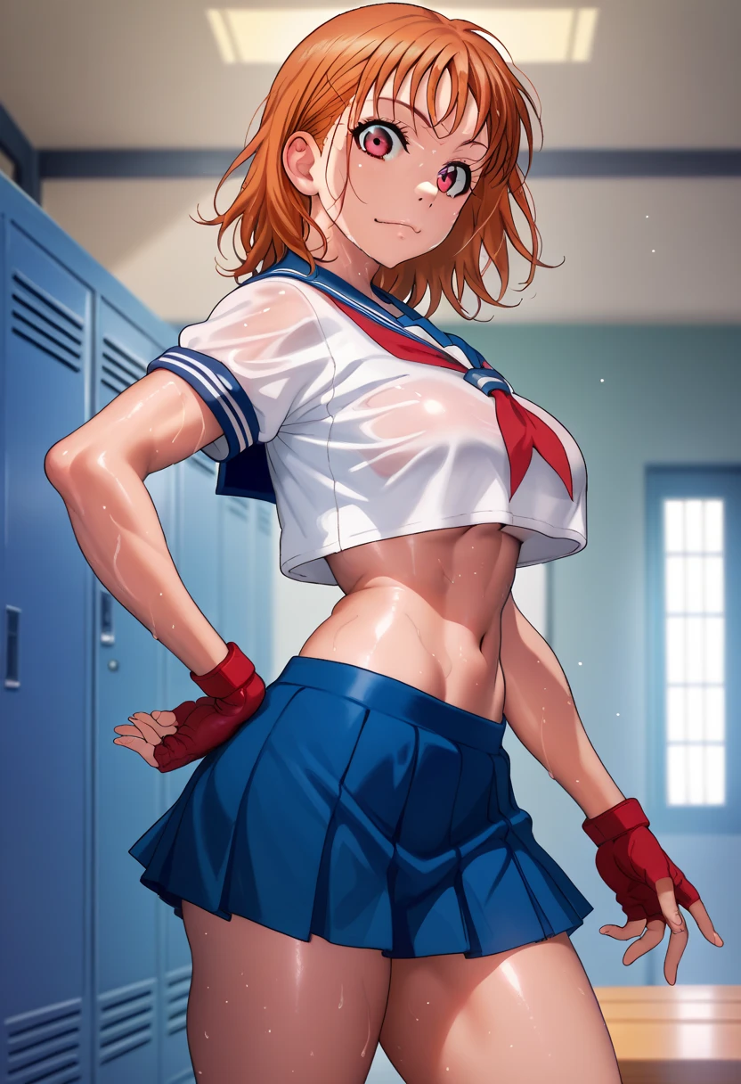 Masterpiece, best quality,Hoshizora rin, yellow eyes, orange hair, short hair, sailor crop top, high leg thong,pov hands, shaking hands, embarrassed , skindentation 