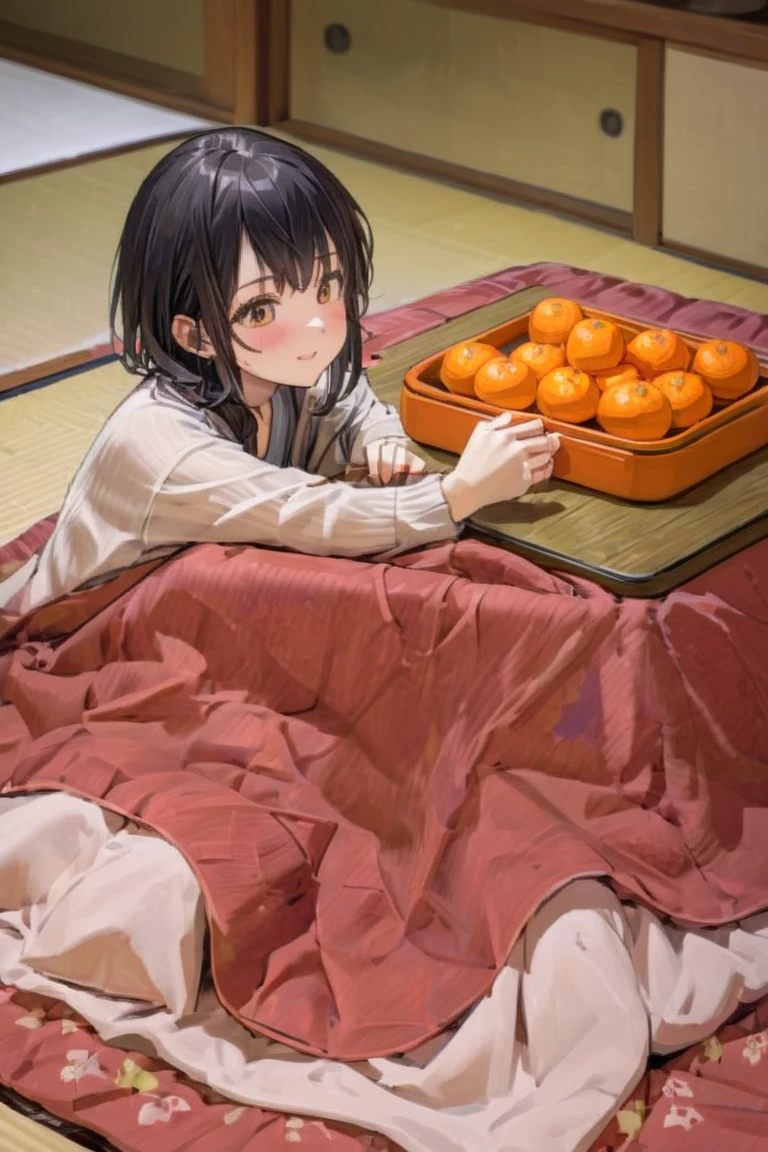 (((highest resolution、 best quality 、masterpiece)))、A extremely beautiful Girl in a kotatsu( black hair、リブニットセーター)、There are 5 tangerines on the kotatsu、 girl holds one tangerine in her hand、