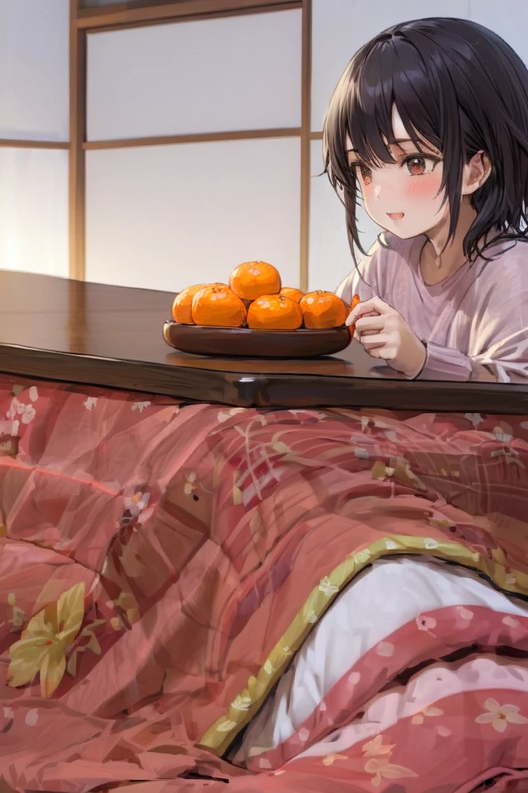 (((highest resolution、 best quality 、masterpiece)))、A extremely beautiful Girl in a kotatsu( black hair、リブニットセーター)、There are 5 tangerines on the kotatsu、 girl holds one tangerine in her hand、