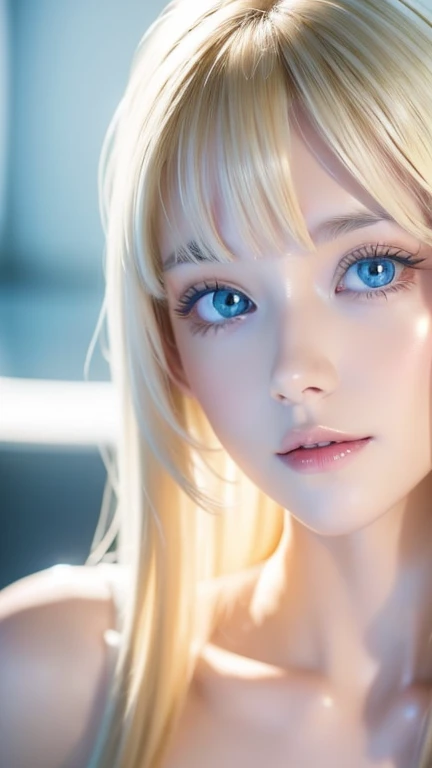 (Close-up:1.4)、(RAW shooting:1.2)、(Photorealistic:1.4)、(masterpiece:1.3)、(highest quality:1.4)、Bright expression、Very beautiful natural platinum blonde girl、Extraordinary platinum blonde beauty、Detailed cute and beautiful face、Beautiful bangs above the eyes、Shiny white glossy skin、Facial hair、Bangs that reach the face、Bangs between the eyes、Super long white blonde hair、Attractive bright natural platinum blonde super long straight silky hair、Thin Hair、Attractive shining beautiful bright clear light blue big eyes、White Apron、Yellow dress、eyeliner、Double eyelids、Ample Bust、Upper body、Small Face Beauty、Cheek gloss highlight