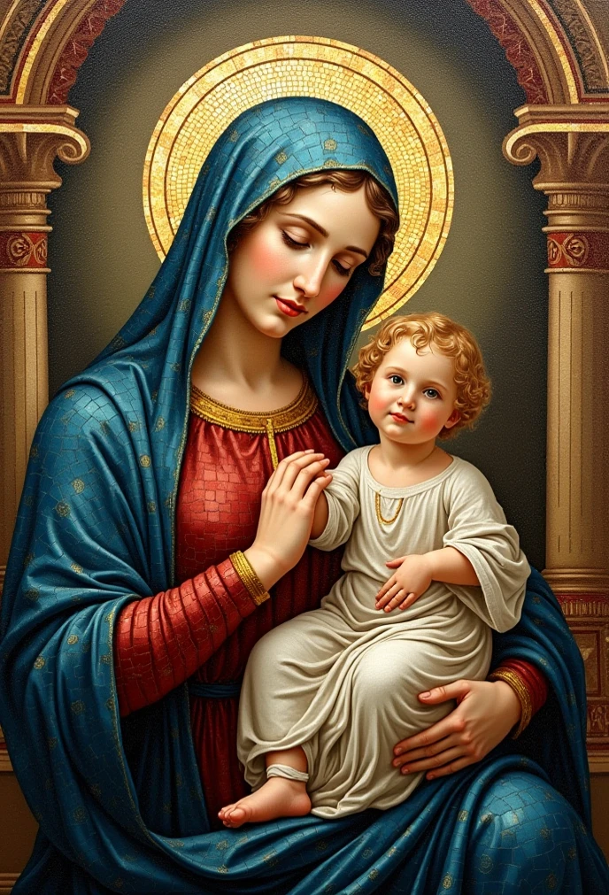 realistic, traditional painting, Mary of Nazareth, detailed clothing, sacred, fine brushstrokes, vivid colors, motherly love, warm lighting, golden halo, godly, soft expression, religious art, heavenly beauty, divine intervention, color palette, cinematic lighting, best quality, UHD