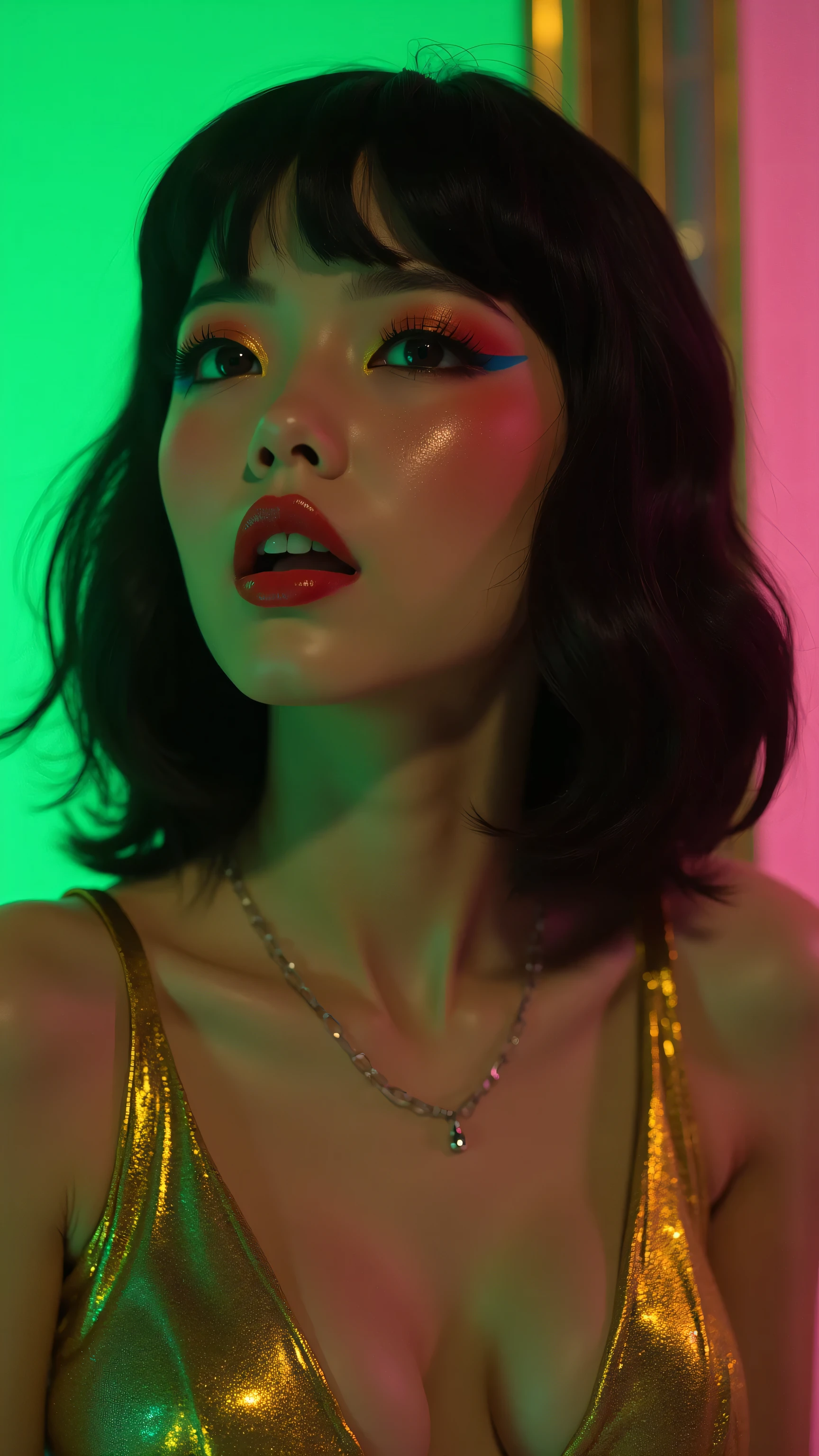 80’s glam rock makeup on shiny face, asian girl, anime, 2.5D, moody lighting, (green, pink, gold), pretty, sexy, minimal, sleek, slender, asian, elegant, futuristic, retro, sophisticated half human half machine, mouth open wide, Kizi,(eyes looking off to side), Highly detailed, Amazing work,Vitreous luster, blues, yellows, Best quality at best,shiny skin, no background, colorful background, green background, pink background, gold, background, plunging neckline, sexy pose, dynamic pose, heavy blushing, huge breasts,