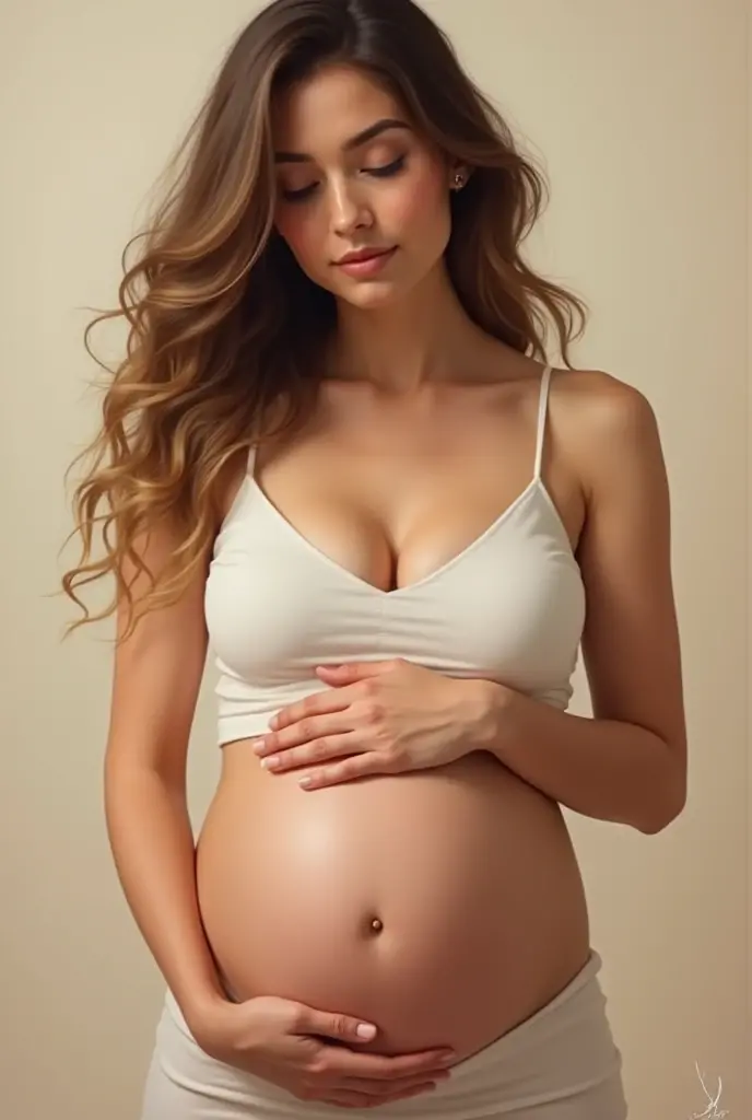 large breasts, pregnant, tight dress, big thighs, perfect body, pregnant belly, brown hair, pearl earrings, looking at camera, full body