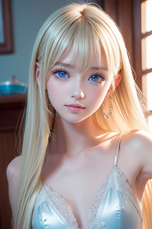 Blonde woman posing for a photo with super long Blonde and piercings, very white beautiful young glossy beautiful skin 、 porcelain white skin, Super long blonde Blonde with big ridiculously bright light blue eyes , Hermosa Delphine , Pale white shiny skin , extremely bright light blue big eyes that shine so beautifully 、 people in the hot water room 、Small Face Beauty、Round face、Short face、bangs, Blonde, long hair, bangs between the eyes, hair hiding one eye , shiny hair, Straight Hair, Disheveled Hair, Hair in the eyes, Too much hair, Multi-Thai Hair,