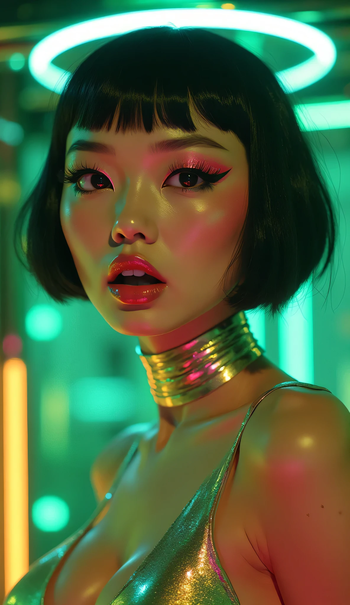 80’s glam rock makeup on shiny face, asian girl, anime, 2.5D, moody lighting, (green, pink, gold), pretty, sexy, minimal, sleek, slender, asian, elegant, futuristic, retro, sophisticated half human half machine, mouth open wide, Kizi，(eyes looking off to side), Highly detailed, Amazing work，Vitreous luster, blues, yellows, Best quality at best，shiny skin, no background, colorful background, green background, pink background, gold, background, plunging neckline, sexy pose, dynamic pose, heavy blushing, huge breasts, 