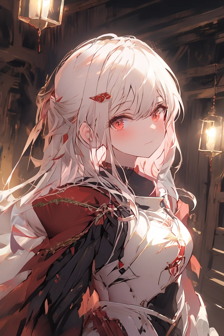 1girl, Whole body diagram, red eyes, solo, long hair, armor, white hair, closed mouth, bangs, gauntlets, hair between eyes,  shoulder armor, cape, red cape, dress, armored dress, standing, indoors, random lights, whisper, fractal,add_detail:2
