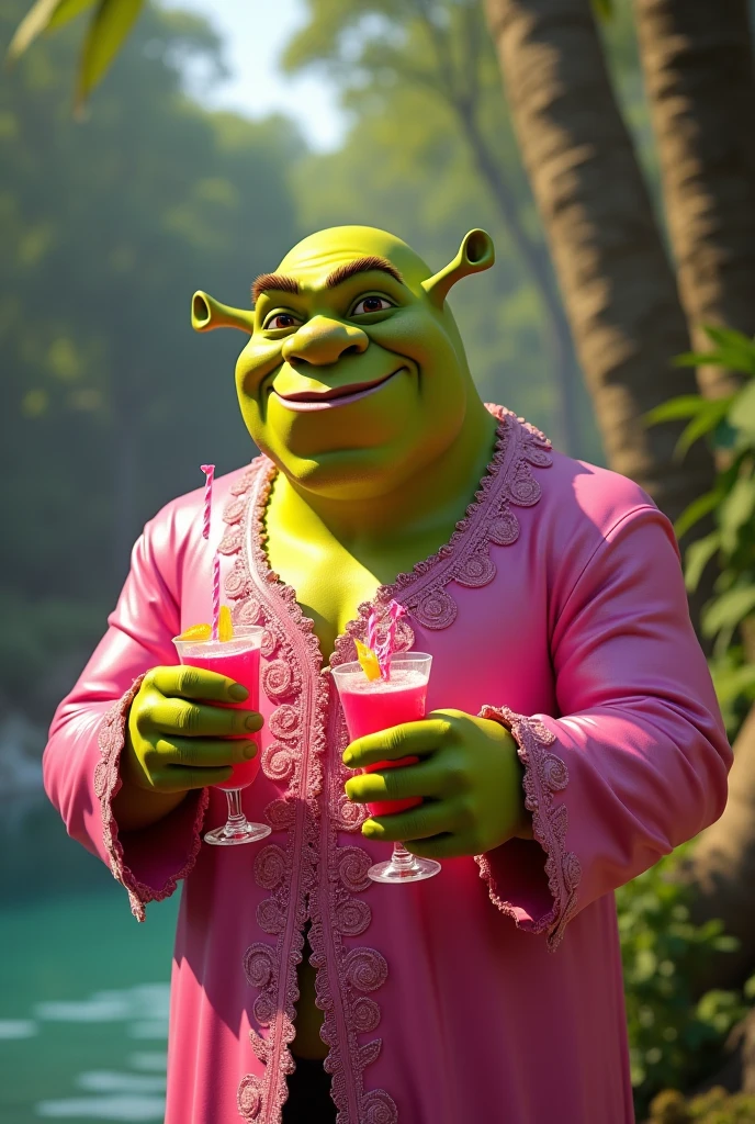 Create Sherek in a pink bathrobe holding a glass of orange juice with a kitchen in the background