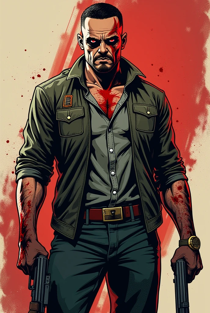 CREATE A ANIME STYLE IMAGE. Image is a dramatic, cinematic-style portrait in a vertical layout. The subject is a man with a rugged appearance, featuring a thick beard and mustache, and medium-length dark hair. He has a medium skin tone and is wearing a dark green, partially unbuttoned shirt, revealing a muscular build. His arms and shirt are smeared with blood, and he is holding a bloodied axe in his right hand. The background shows a cloudy sky with a hint of industrial buildings and flames, adding to the intense and action-packed atmosphere of the scene.