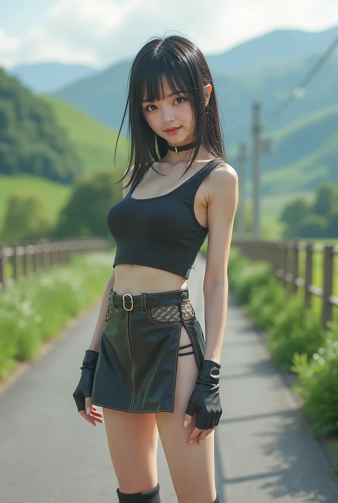 high quality, realistic masterpiece, girl kneeling, legs tied, wrists bound, Beautiful tween girls, small skinny girls, cute girl face, cyberpunk, Wearing cute outfit with cutouts and belts, skinny athletic body showing legs, innocent, playful, Famous actresses of Japan, very beautiful face, , skirt