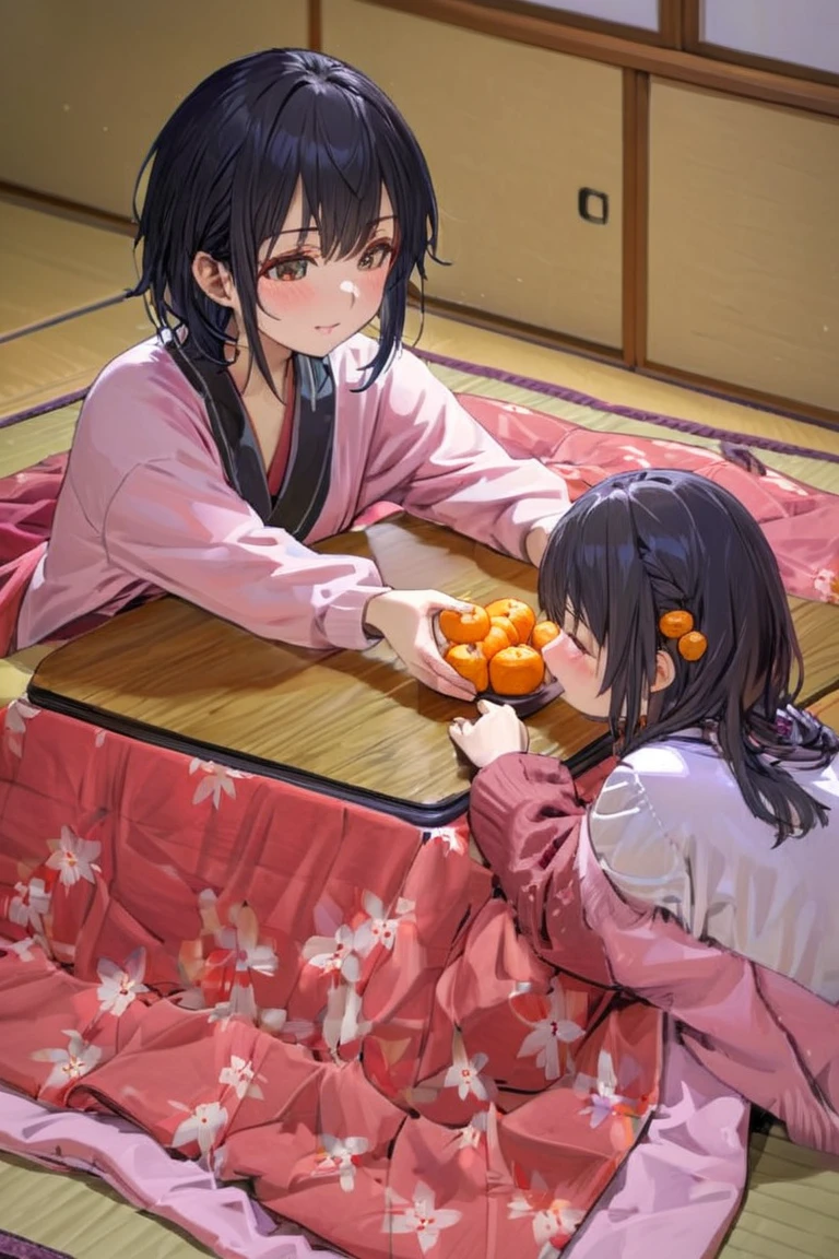 (((highest resolution、 best quality 、masterpiece)))、A extremely beautiful Girl in a kotatsu( black hair、リブニットセーター)、There are 5 tangerines on the kotatsu、 girl holds one tangerine in her hand、