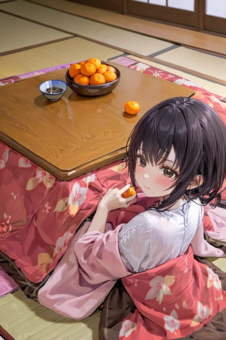 (((highest resolution、 best quality 、masterpiece)))、A extremely beautiful Girl in a kotatsu( black hair、リブニットセーター)、There are 5 tangerines on the kotatsu、 girl holds one tangerine in her hand、