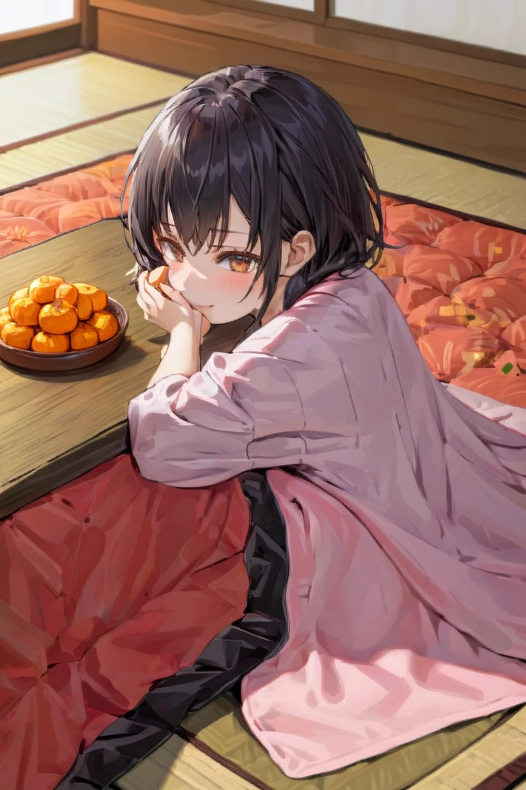 (((highest resolution、 best quality 、masterpiece)))、A extremely beautiful Girl in a kotatsu( black hair、リブニットセーター)、There are 5 tangerines on the kotatsu、 girl holds one tangerine in her hand、