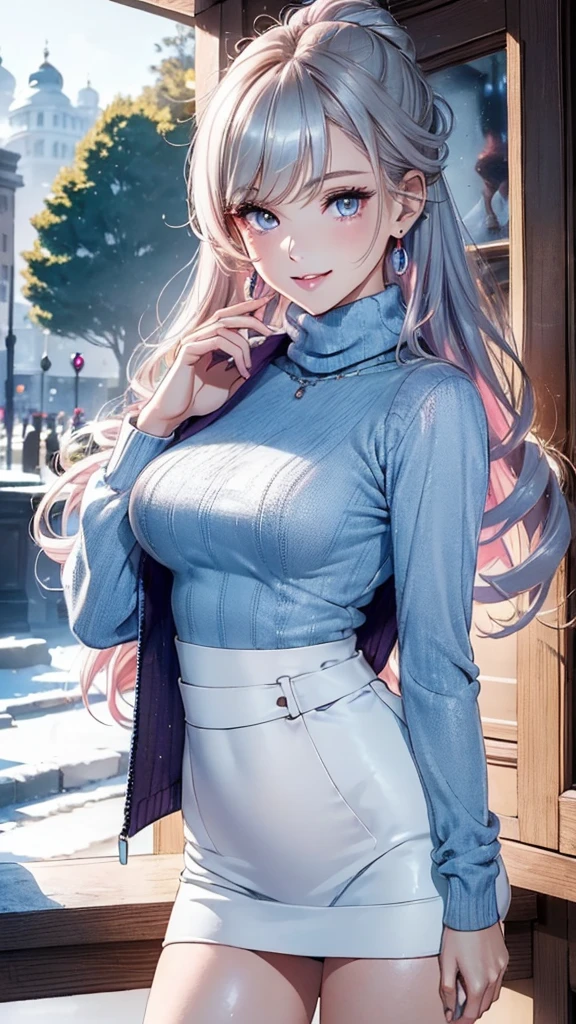 (Masterpiece, Ultra High Definition, Ultra High Quality / 8K Quality), A woman with the most beautiful face and body in history, Anime, Slim body, Tall height, Small face, Very large and full breasts, Thin waist, Big hips, Balanced proportions, Shiny hair, silver hair, long bangs, (((Updo hair:1.2))), Beautiful and shining eyes, (Clear dark grey eyes:1.2), (((Eyes with shining highlights:1.2))), Long eyelashes, Pink lips, ((Precise, beautiful and exquisite hand and five fingers creation)), (((Charming smile))), (Winter casual fashion), (((light blue Turtleneck sweater))), (((Long sleeve short jacket))), (Tight micro mini skirt, front slit skirt), (Elegant appearance), Red rose hair accessory, Elegant design necklace, (Big earrings), (Bangles), (Ring), Beautiful standing posture like a fashion model, (Shopping at the winter mall background)
