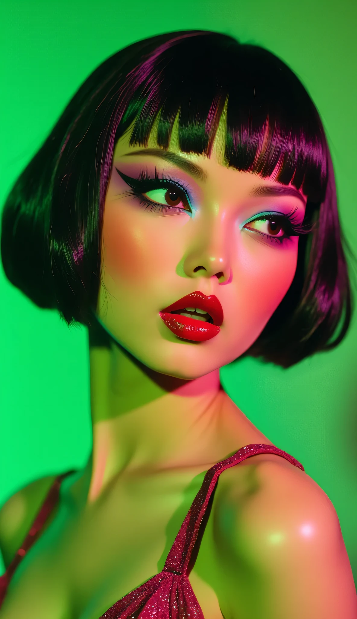 80’s glam rock makeup on shiny face, asian girl, anime, 2.5D, moody lighting, (green, pink, gold), pretty, sexy, minimal, sleek, slender, asian, elegant, futuristic, retro, sophisticated half human half machine, mouth open wide, Kizi,(eyes looking off to side), Highly detailed, Amazing work,Vitreous luster, blues, yellows, Best quality at best,shiny skin, no background, colorful background, green background, pink background, gold, background, plunging neckline, sexy pose, dynamic pose, heavy blushing, huge breasts,