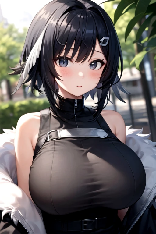 best quality, ultra high resolution, a cute and beautiful girl，(huge breasts)， blush， cute，lapluma , black hair, short hair, ahoge, hairclip, sidelocks, hair intakes, feather hair, hair clip, wing hair ornament, single hair band, black eyes,  ( up close)，(Shy)，Multiple shadows ，breast implants，fake ，and，ligned breasts，(perfectly roandd breasts:1.35)，lapluma original,black shirt, sleeveless, (fur trim, black coat, strap , off shoulder)