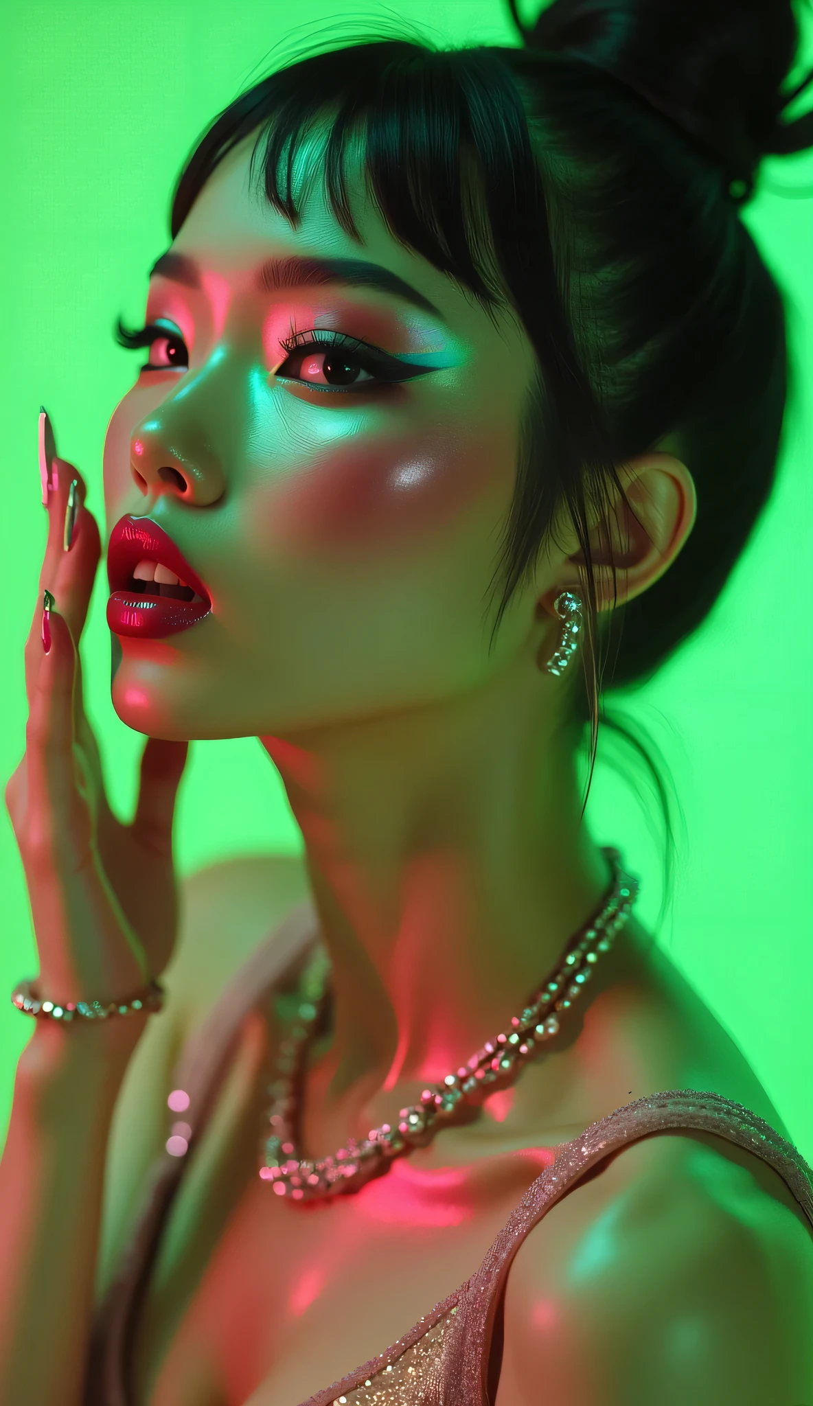 80’s glam rock makeup on shiny face, asian girl, anime, 2.5D, moody lighting, (green, pink, gold), pretty, sexy, minimal, sleek, slender, asian, elegant, futuristic, retro, sophisticated half human half machine, mouth open wide, Kizi，(eyes looking off to side), Highly detailed, Amazing work，Vitreous luster, blues, yellows, Best quality at best，shiny skin, no background, colorful background, green background, pink background, gold, background, plunging neckline, sexy pose, dynamic pose, heavy blushing, huge breasts, 