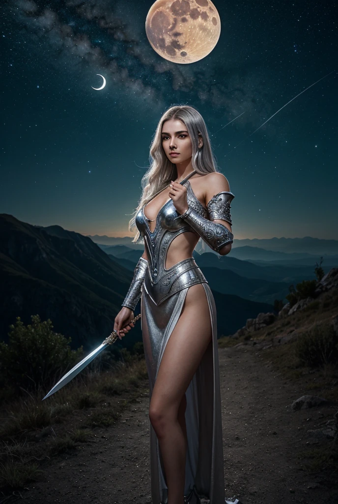 Masterpiece, 50 year old Amazon warrior Woman, gray hair, wearing a loincloth bikini and loincloth top, with a quiver of arrows on her back, holding an archery bow, realistic, standing in front of 3 defeated space girls