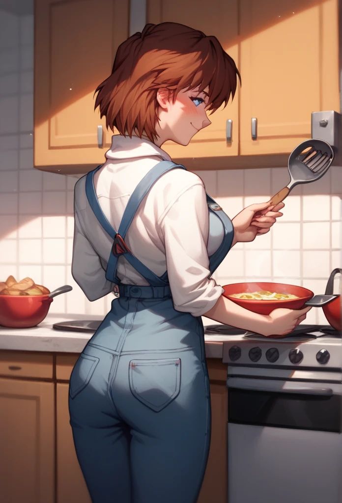 account_9, account_8_over, account_7_over, from the author: Mana Kirishima, Evangelion style, blue eyes, perfect eyes, hand perfect, adult woman, short hair, brown hair, Girlfriend, big breasts, in the kitchen, cooking, smile, blushing, Rear view.