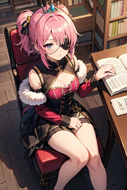 1girl, (solo:1.2), ((masterpiece)), [slim], (small chest), pale skin, ((detailed eyes)), (bokeh effect), (dynamic angle), dynamic pose, blue hair, flame effect, cheerful, fire fractals, pink hair, white horns on sides, red hat, inside the court, judge, sittin on wooden table with books and paper, the court room, visible bellybutton, cleveage, sexy legs, black panties