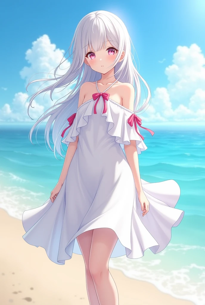 newest,  1girl,  kazami kazuki, silver hair, long hair, red eyes, long hair, sundress, barefoot, beach, straw hat,  <lora:lora-000003:1>