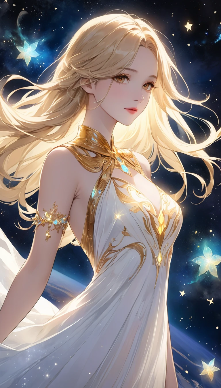  A fusion of ink painting and watercolor painting、 alone in space 、Beautiful Goddess、whole body、Golden Cape、 (White Long Dress Bioluminescent Dress)、Sleeveless、 gold bracelet、Blonde、  beautiful brown eyes、gentle and beautiful face 、 A bright light is emitting from the body、Countless stars and nebulae、masterpiece、 best quality 、