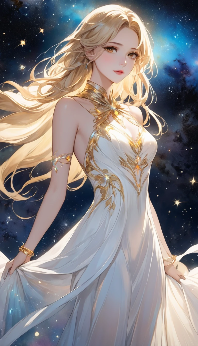  A fusion of ink painting and watercolor painting、 alone in space 、Beautiful Goddess、whole body、Golden Cape、 (White Long Dress Bioluminescent Dress)、Sleeveless、 gold bracelet、Blonde、  beautiful brown eyes、gentle and beautiful face 、 A bright light is emitting from the body、Countless stars and nebulae、masterpiece、 best quality 、