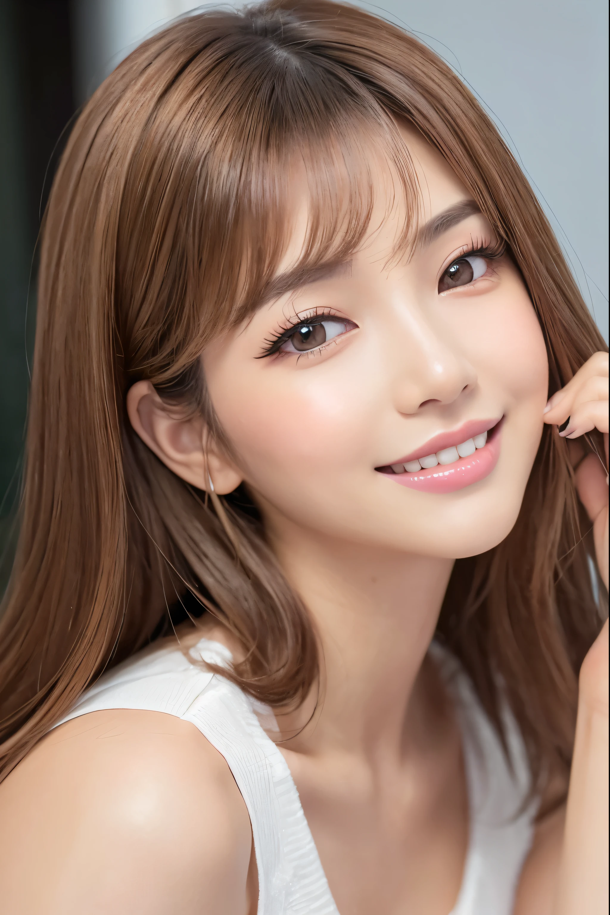 Arafed asian woman with long brown hair and white tank top - SeaArt AI
