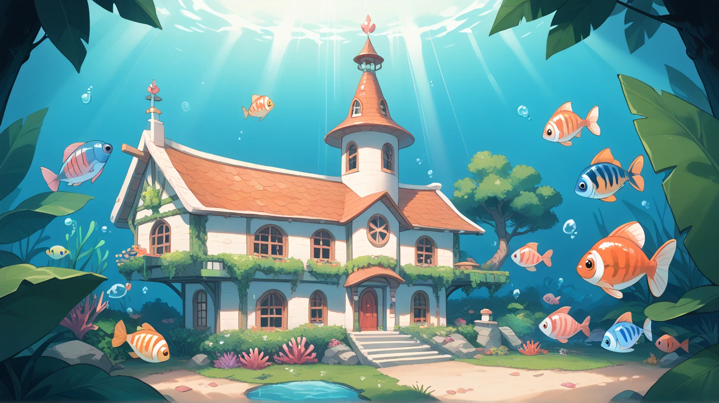 "An enchanting underwater world filled with vibrant, colorful fish of various shapes and sizes swimming joyfully. At the center, a majestic coral house glows with a warm golden light, surrounded by lush green seaweed and sparkling bubbles. A friendly cartoonish fish, wearing glasses and holding a scroll, smiles warmly. The scene is bright and whimsical, capturing the playful energy of a ren's story. Perfect for a fun and engaging s' video thumbnail!"