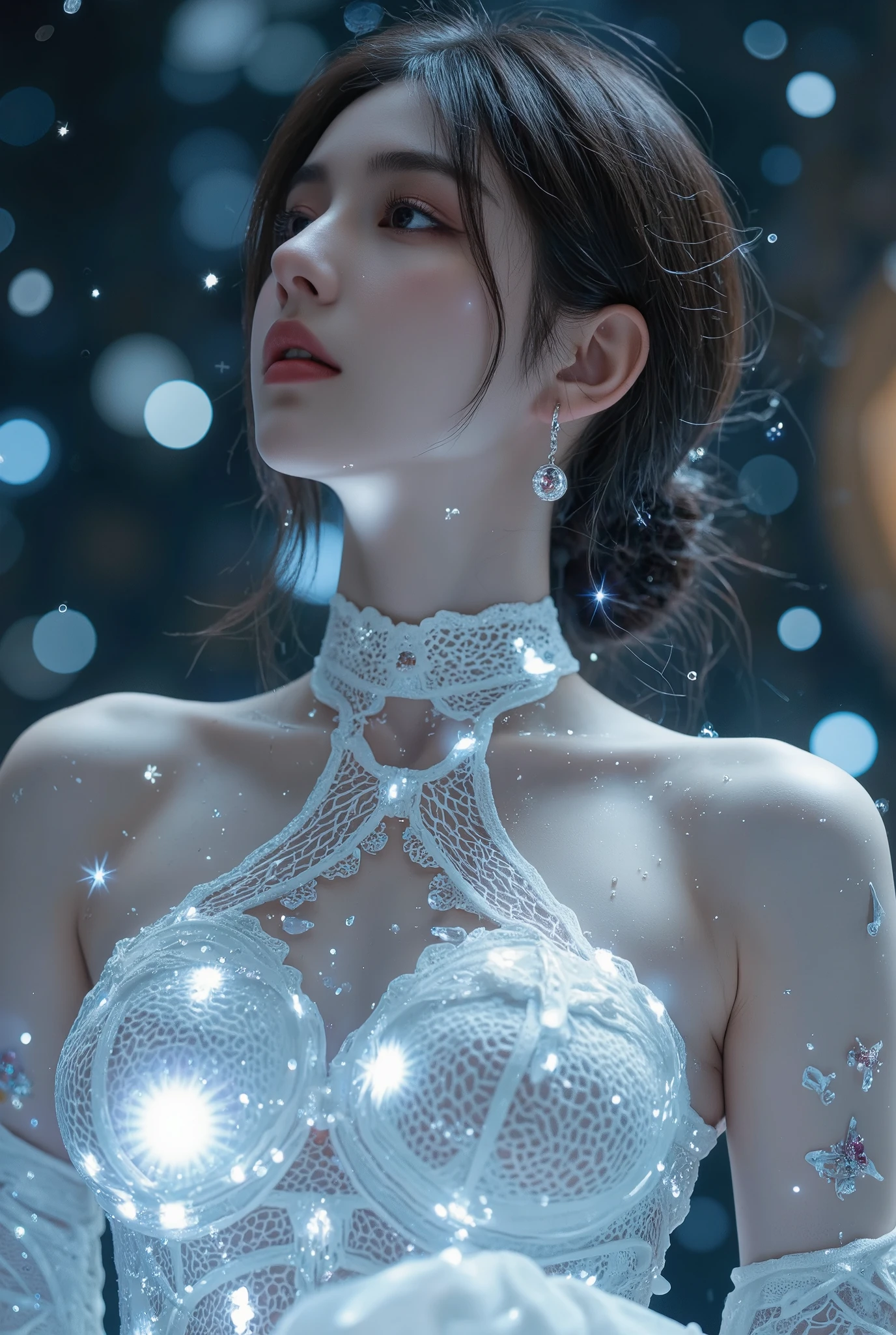 (best quality,32K,8k,highres,masterpiece:1.2),ultra-detailed,realistic:1.37,girl,beautiful dress,galaxy background,sparkling stars,ethereal atmosphere,vibrant colors,elegance,mystical,heavenly,moonlight,reflection,flowing fabric,graceful pose,gentle expression,cosmic energy,distant galaxies,dazzling beauty,Serene,stellar glow,heavenly emissary,alluring,hovering,stellar dust,enchanted garden,starlit night,sheer elegance,astral silhouette,seamless blend,gossamer veil,Interstellar Journey,effortless beauty,luminous radiance,floating petals,heavenly goddess,dreamlike grace,fashion statement,cosmic enchantress,long flowing hair,(((Flat Chest))),(Tiny),Perfect beautiful girl,A beautiful girl,Beautiful Eyes,Attractive short hair,