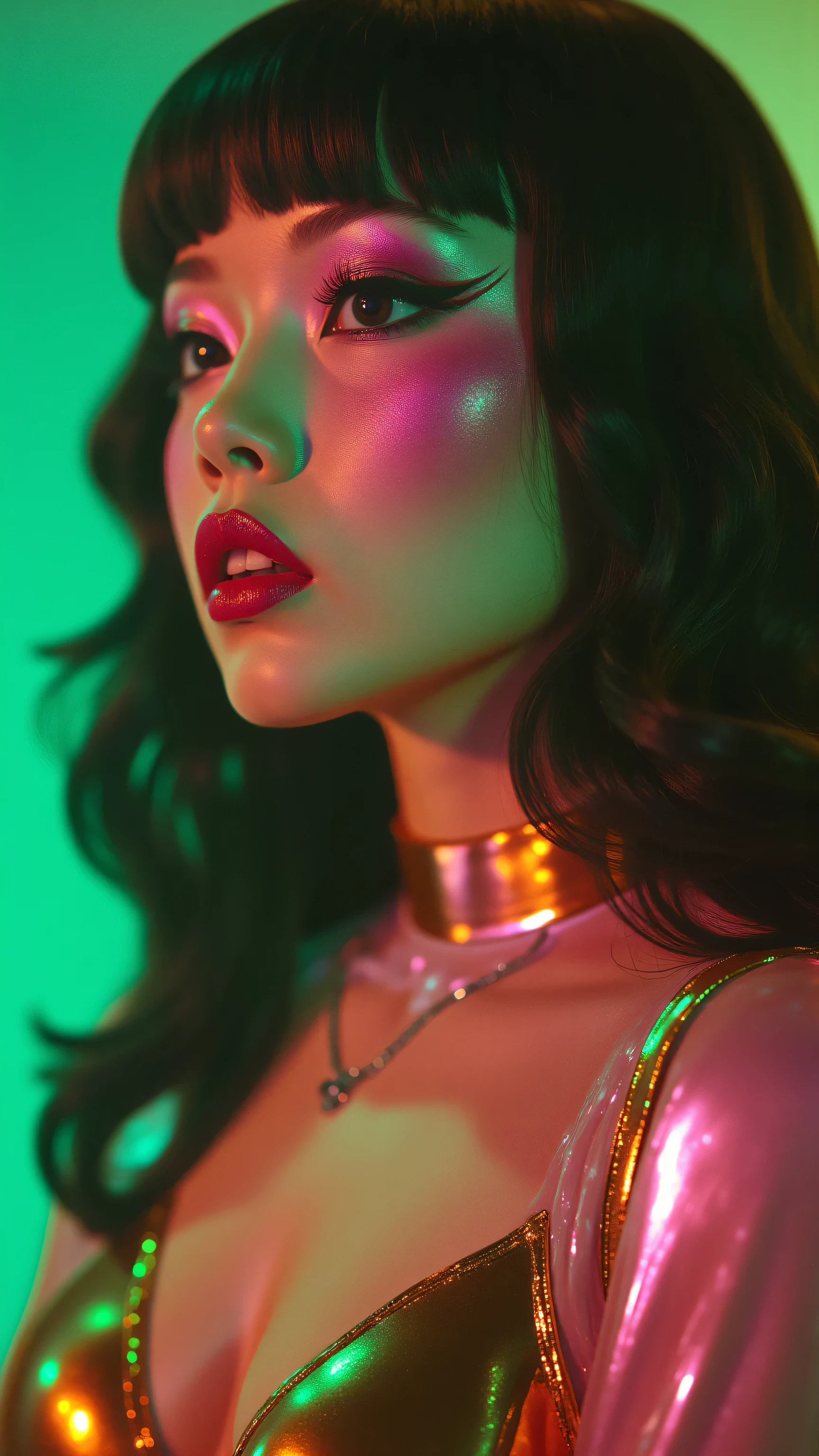 80’s glam rock makeup on shiny face, asian girl, anime, 2.5D, moody lighting, (green, pink, gold), pretty, sexy, minimal, sleek, slender, asian, elegant, futuristic, retro, sophisticated half human half machine, mouth open wide, Kizi，(eyes looking off to side), Highly detailed, Amazing work，Vitreous luster, blues, yellows, Best quality at best，shiny skin, no background, colorful background, green background, pink background, gold, background, plunging neckline, sexy pose, dynamic pose, heavy blushing, huge breasts, 