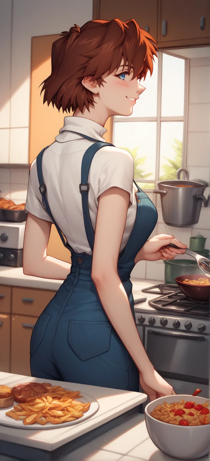 account_9, account_8_over, account_7_over, from the author: Mana Kirishima, Evangelion style, blue eyes, perfect eyes, hand perfect, adult woman, short hair, brown hair, Girlfriend,  breasts, in the kitchen, cooking, smile, blushing, No NSFW, Rear view.