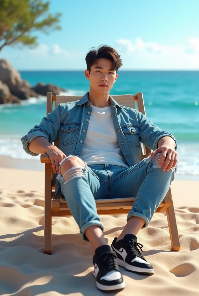Man sitting on a desert island in torn clothes --auto