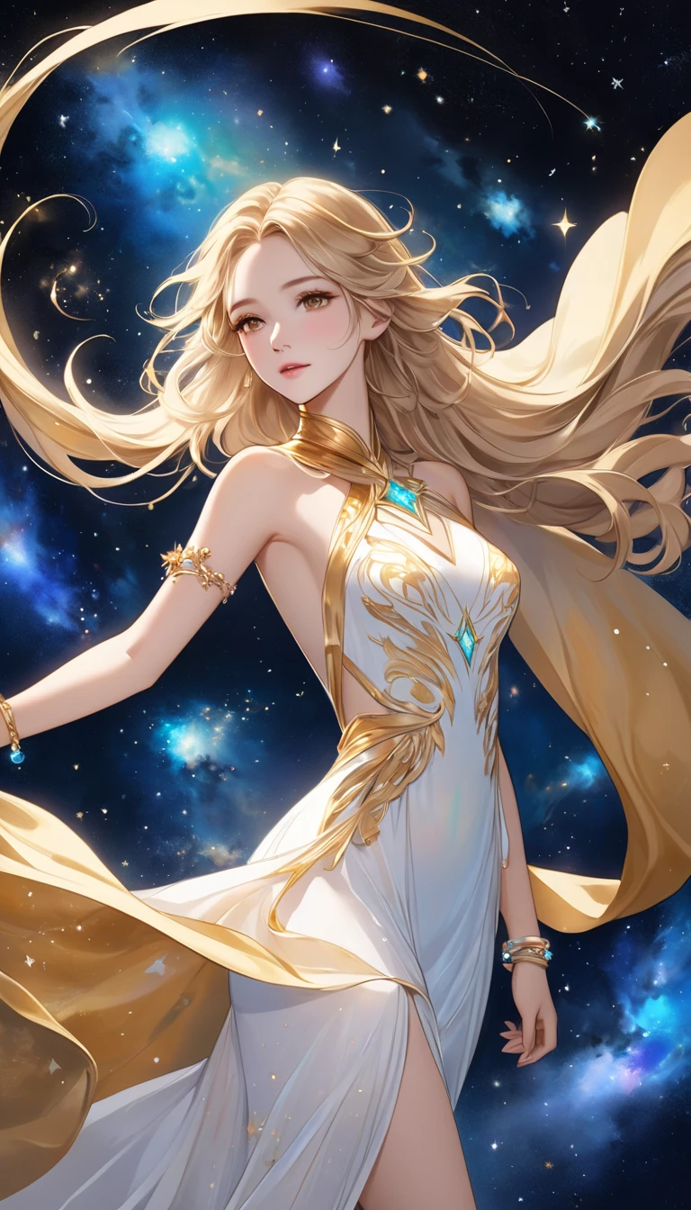  A fusion of ink painting and watercolor painting、 alone in space 、Beautiful Goddess、whole body、Golden Cape、 (White Long Dress Bioluminescent Dress)、Sleeveless、 gold bracelet、Blonde、  beautiful brown eyes、gentle and beautiful face 、 A bright light is emitting from the body、Countless stars and nebulae、masterpiece、 best quality 、