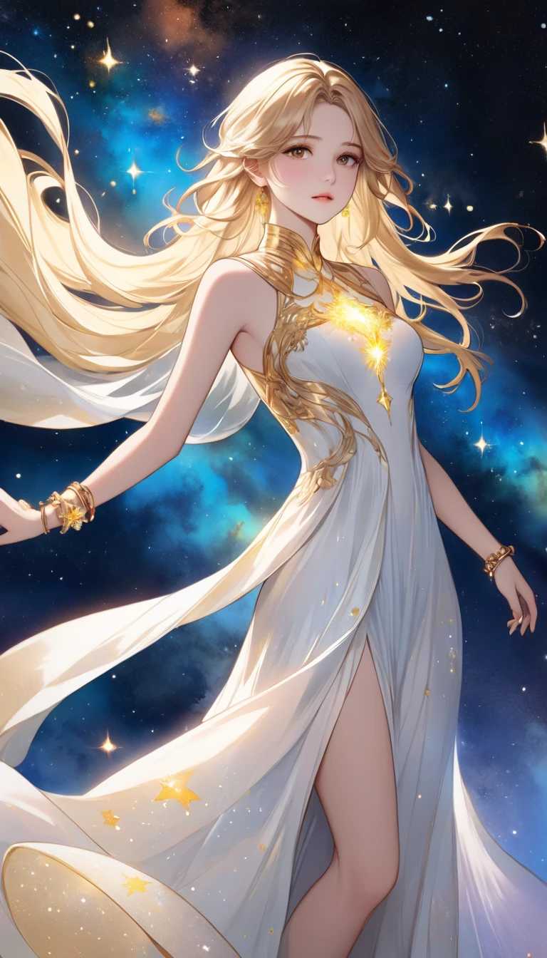  A fusion of ink painting and watercolor painting、 alone in space 、Beautiful Goddess、whole body、Golden Cape、 (White Long Dress Bioluminescent Dress)、Sleeveless、 gold bracelet、Blonde、  beautiful brown eyes、gentle and beautiful face 、 A bright light is emitting from the body、Countless stars and nebulae、masterpiece、 best quality 、