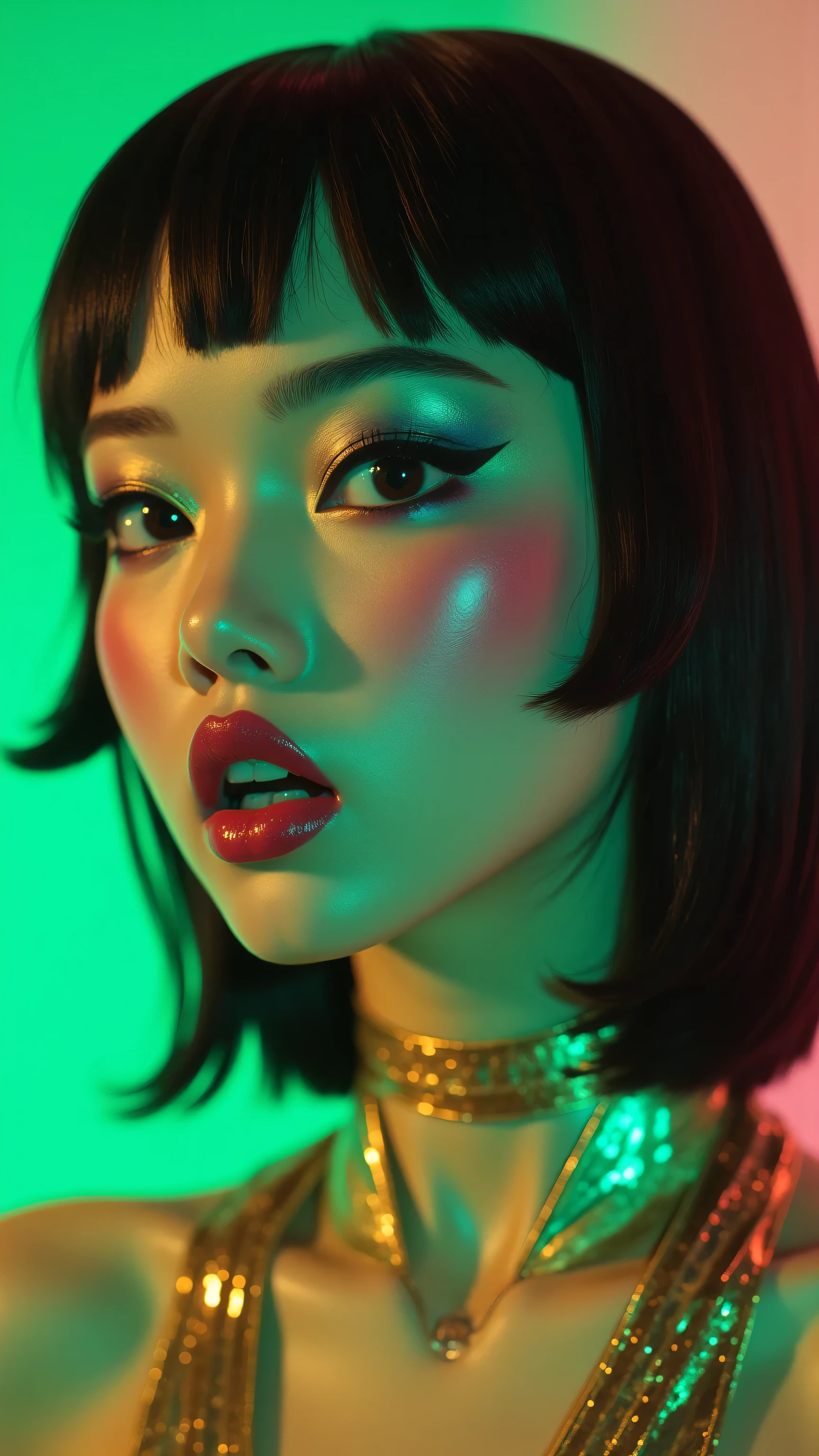 80’s glam rock makeup on shiny face, asian girl, anime, 2.5D, moody lighting, (green, pink, gold), pretty, sexy, minimal, sleek, slender, asian, elegant, futuristic, retro, sophisticated half human half machine, mouth open wide, Kizi,(eyes looking off to side), Highly detailed, Amazing work,Vitreous luster, blues, yellows, Best quality at best,shiny skin, no background, colorful background, green background, pink background, gold, background, plunging neckline, sexy pose, dynamic pose, heavy blushing, huge breasts,