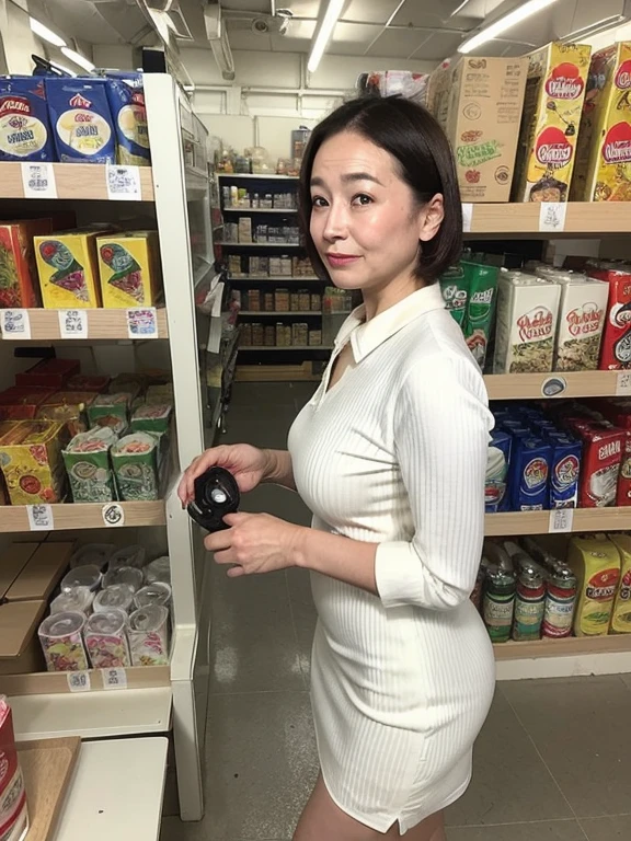 Highest quality、Realistic、Realistic skin、masterpiece、short hair(Red Mesh)、Cute hairstyle、housewife、At the supermarket、shopping、Remove items from the shelves、(Large sweater、valley、Big Breasts)、(Lean forward)、show off、mini skirt(black)、Worried look、40 years old、Japanese women、double、Mature Woman、Big Breasts、Attractive curves、I can see your underwear、I rode it a lot、Thick thighs、