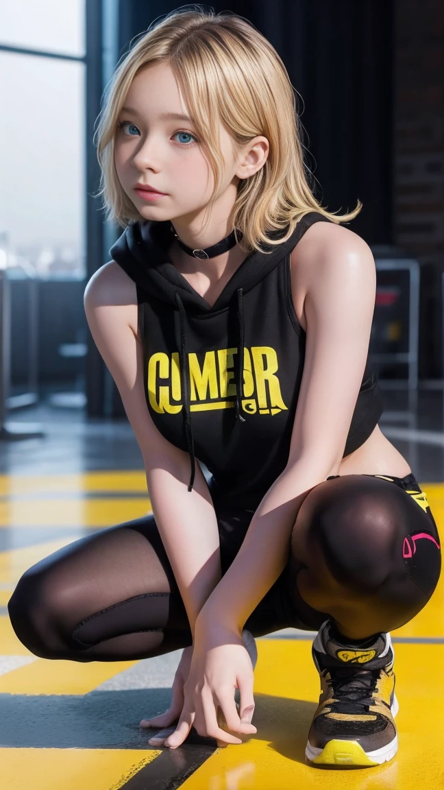 (masterpiece), (highest quality), (illustration), (super detailed), (high resolution), absurdity, one girl, (kagamine-rin), (vocaloid), smile, short hair, hair clip, (hoodie with cat ears), wearing a hoodie hat, moe sleeves, blush, black shorts, (blonde), (tattoo of the number 02 on the left arm), very cute girl, small, young, delicate, Outdoors, attention to girls