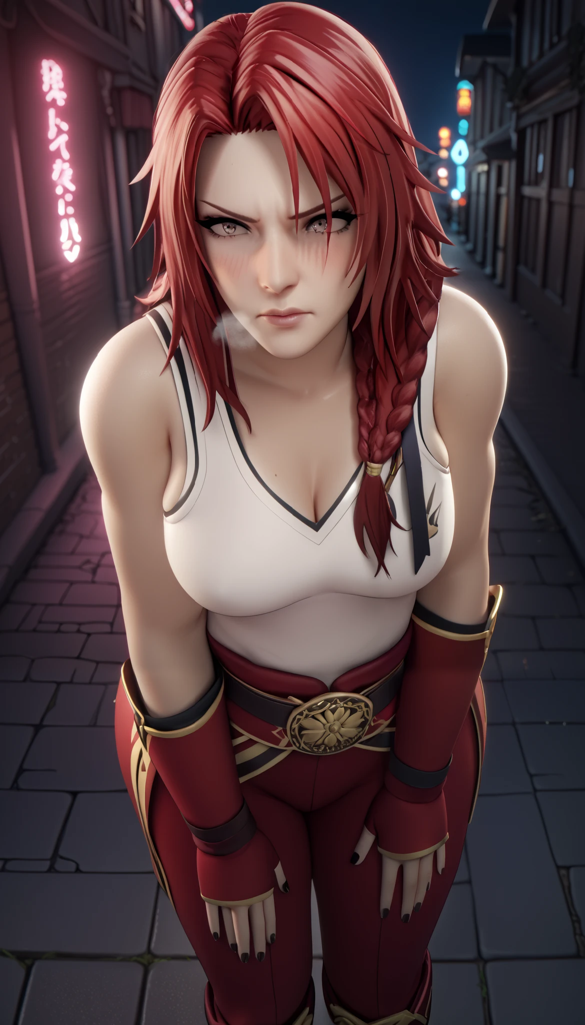 score_9, score_8_up, score_7_up, uncensored, source_anime, iris midgar from the eminence in shadow, 1girl, red hair, long hair, braid, BREAK UHD, retina, masterpiece, accurate, anatomically correct, textured skin, super detail, high details, high quality, award winning, best quality, highres, 4K, black nails, makeup, eyelashes, shaded face, (gasping, heavy breathing:1.3), (skindentation:1.2), BREAK, (embarrassed, disgusting face:1.3), white tank top, red (samurai armor), red gloves, pants, (getting undressed), night city, neon lights, dim lighting, dark alley,