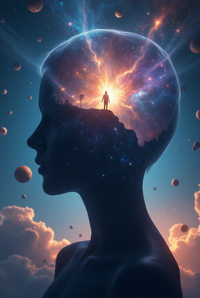 A silhouette of a human head filled with a vibrant cosmic scene - SeaArt AI