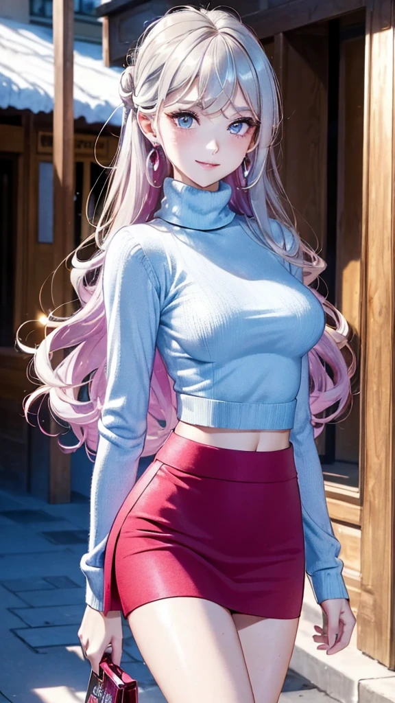 (Masterpiece, Ultra High Definition, Ultra High Quality / 8K Quality), A woman with the most beautiful face and body in history, Anime, Slim body, Tall height, Small face, Very large and full breasts, Thin waist, Big hips, Balanced proportions, Shiny hair, silver hair, long bangs, (((Updo hair:1.2))), Beautiful and shining eyes, (Clear dark grey eyes:1.2), (((Eyes with shining highlights:1.2))), Long eyelashes, Pink lips, ((Precise, beautiful and exquisite hand and five fingers creation)), (((Charming smile))), (Winter casual fashion), (((light blue Turtleneck sweater))), (((Long sleeve short jacket))), (((red Tight micro mini skirt))), (((front slit skirt))), (Elegant appearance), Red rose hair accessory, Elegant design necklace, (Big earrings), (Bangles), (Ring), Beautiful standing posture like a fashion model, (Shopping at the winter mall background)
