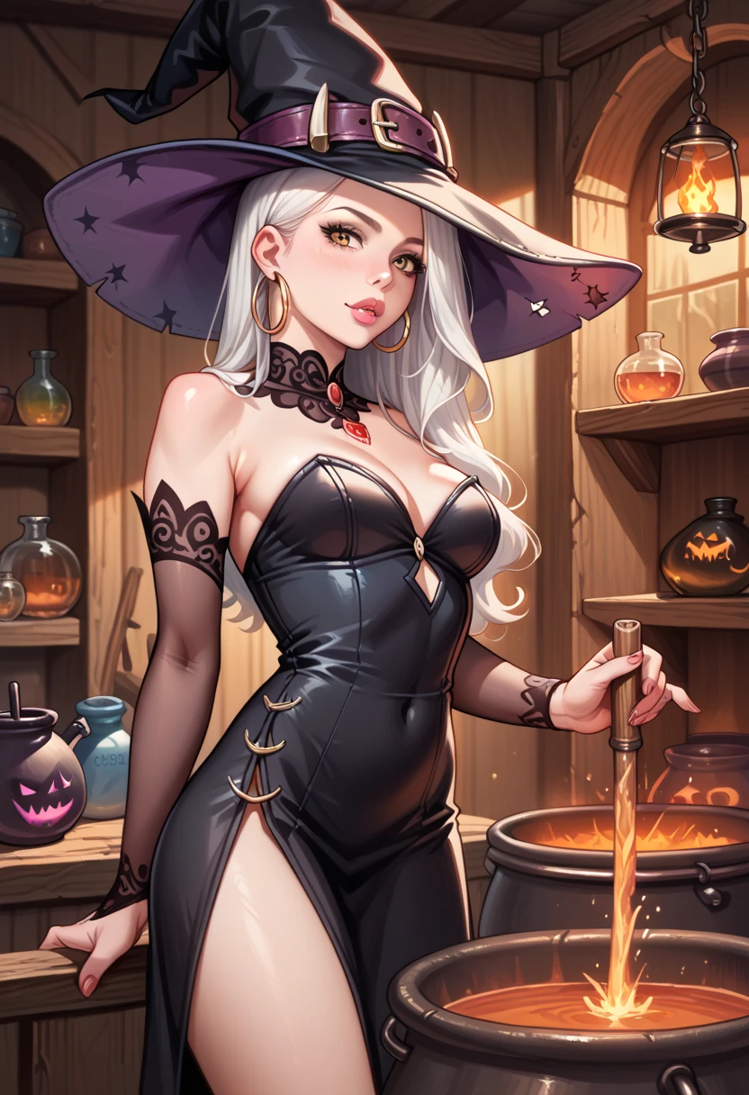 (  masterpiece  ), (   better quality  ), (   High-resolution icon  ),  detailed,  absurdities ,   a hot woman wearing her long white hair,    mysterious look ,   Hoop earrings , soft lips, fair skin ,  witch costume  ( long black dress with neckline ,  witch's pointed hat ) medium chest,    perfect body , standing, arms and hands making a spell, In the cabin , cauldron, detailed