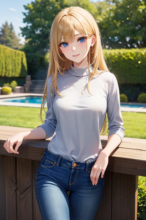 Create a photo realistic young woman with blonde hair (length until her shoulders), blue eyes and large . She wears a white t-shirt, round neck, long fit and short sleeves, without a bra, and she also wears a uni color black cotton mini skirt. She climbs out a swimming pool, dripping wet. The t-shirt clings to her body and is a little transparent. Full body, wide angle shot.
