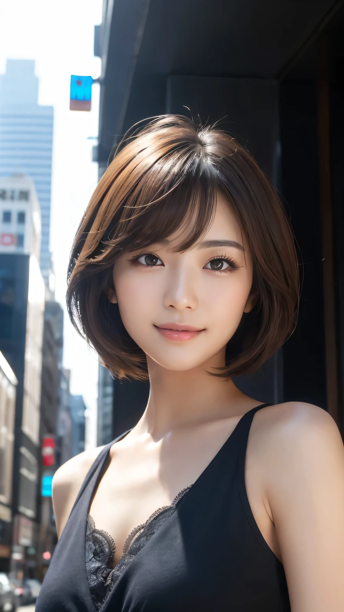 masutepiece, Best Quality, Illustration, Ultra-detailed, finely detail, hight resolution, 8K Wallpaper, Perfect dynamic composition, Beautiful detailed eyes, Women's Fashion Summer,Short bob hair,Small breasts natural color lip, Bold sexy poses,Smile,Harajuku、20 years girl、Cute、Sexy shot looking at camera